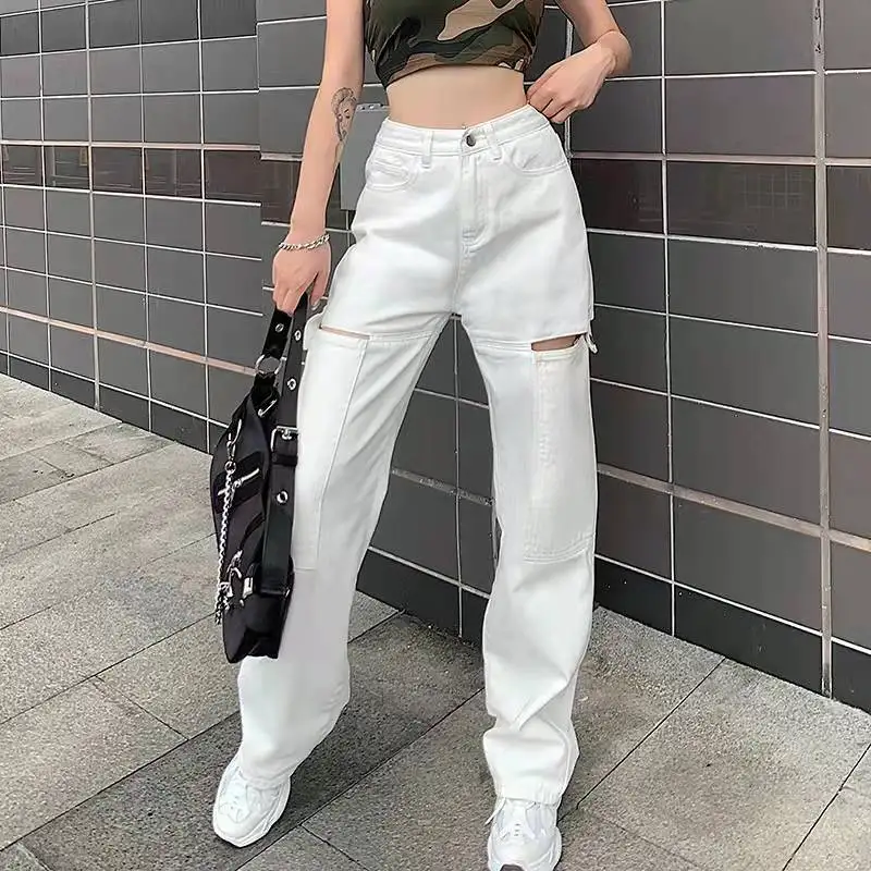 LILUO pure white high waist good quality female long trousers custom ripped hole belt pants women denim jeans