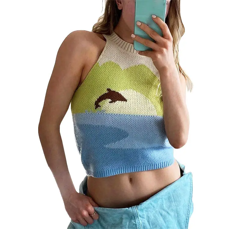 Custom y2k knit sweater tank Vest Fashionable ladies knitwear Jacquard Cartoon Pattern jumper Women Knitted Sweater Vest