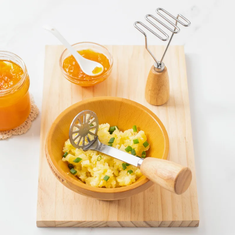 Stainless steel Potato and Vegetable Masher Press with wooden handle for Avocado fruit baby food masher mini kitchen gadgets