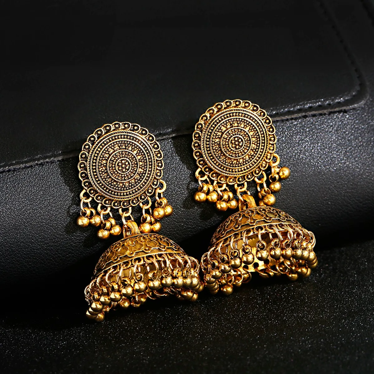 Big Round Sunflower Handmade Dangle Drop Bells Gold Silver Oxidized jhumka Indian Earrings For Women Jewelry