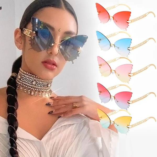 Drop Shipping Dropshipping Butterfly Rimless Sunglasses Women Oversized Steampunk Sunglasses Cat Eye Gradient Designer Sun Glasses Vintage Shades Eyewear