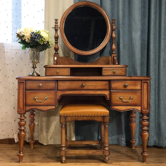 luxury solid wood makeup vanity dressing table with mirror brown for bedroom