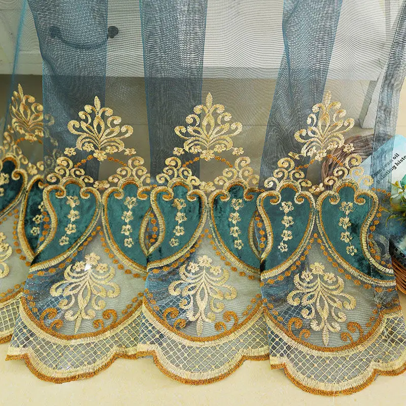 Hot Selling European Style Luxury Curtains for Living Dining Room Bedroom Blue Chenille Embroidered Curtains Valances