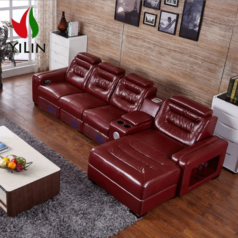 Factory Supply Modern New Design Living Room Reclining Sectionals Foshan Leather Sofa L Shape With Speakers Chaise Sofa