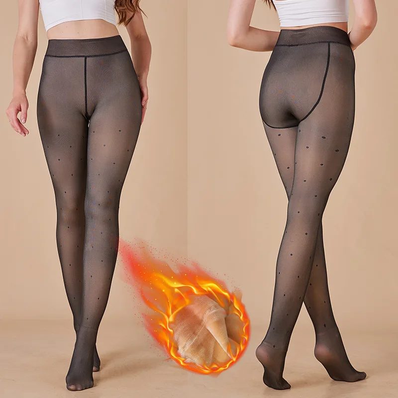 Sheer Fleece Lined Thermal Toe Seamed Pantyhose High Waist Translucent Stocking Winter Translucent Fleece Lined Women Tights
