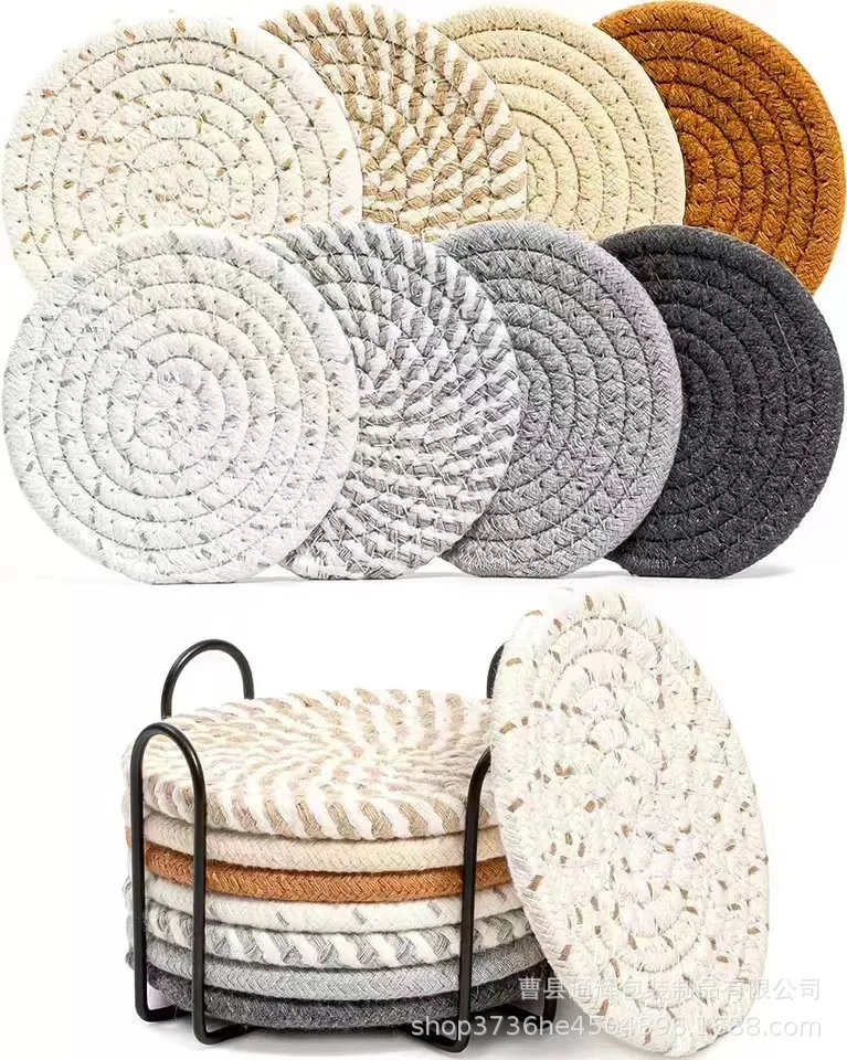 8 Pcs Drink Coasters with Holder Minimalist Cotton Woven Absorbent Coasters Round Shape Woven Cup Coasters for Home Decoration