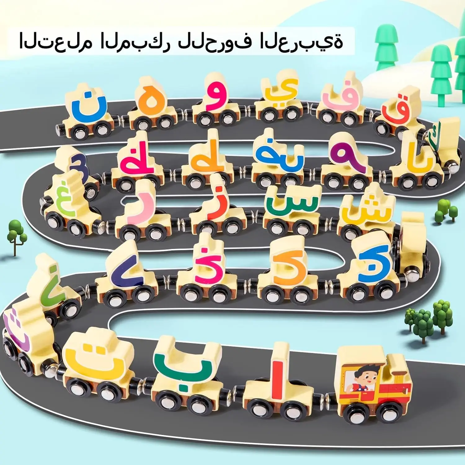 Montessori Arabic Letter Learning Game Educational Magnetic Trailer Toy Kids Russian Cognition Game Wooden Arabic Train Set Toys