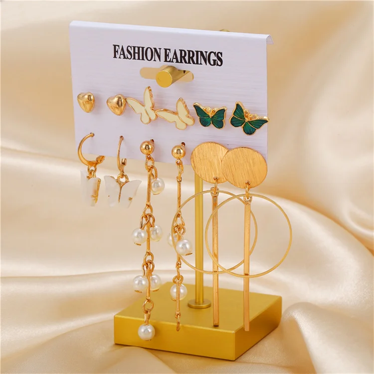 Simple New Drop Oil Pearl Shell Butterfly Pendant Large Ring Alloy Earrings Sets For Women 2021