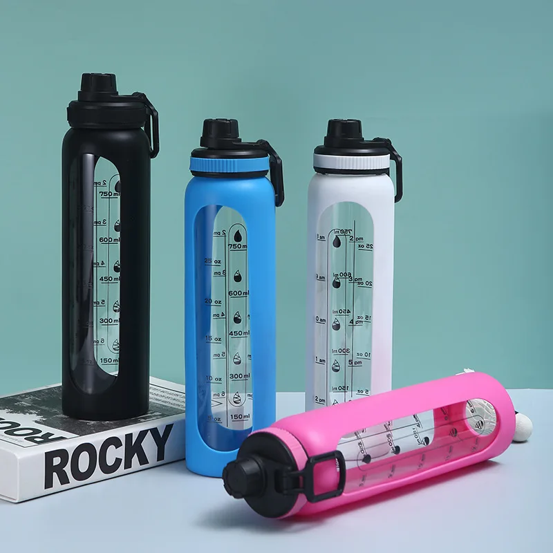 Hot Sell Personalized BPA Free Eco Friendly Nice Clear Iridescent Girl Glass Water Bottles with Silicone Sleeve Time Marker