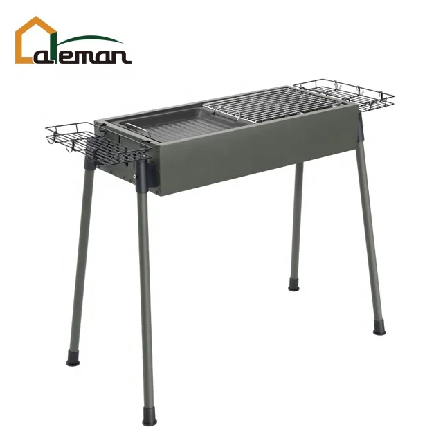 Large Heavy duty Pro 4mm Thick Stainless Steel Portable Charcoal BBQ Grill Collapsible 2-way with Frying Pan Army Green Olive