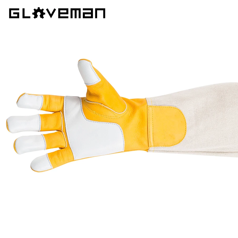 GLOVEMAN Thick Goatskin Cow Leather Canvas Long Sleeves Elastic Cuffs Beekeeper Protected Gloves for Beekeepers Hand Protection