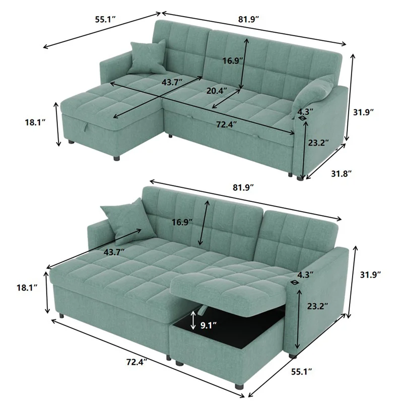 Modern L shaped sofa sectional living room convertible sofa with bed in it