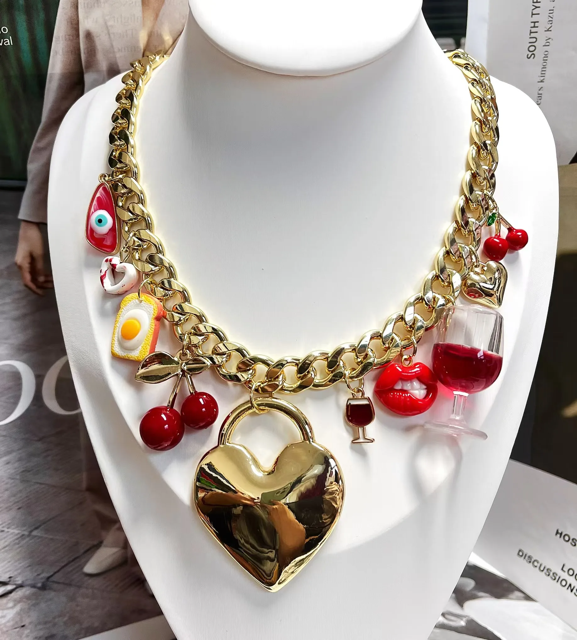 New Fashion Lovely Heart Wine Glass Lucky Eye  Cherry Lips Charm Necklace Gold Plated Chain Women Luxury Party Jewelry Gift