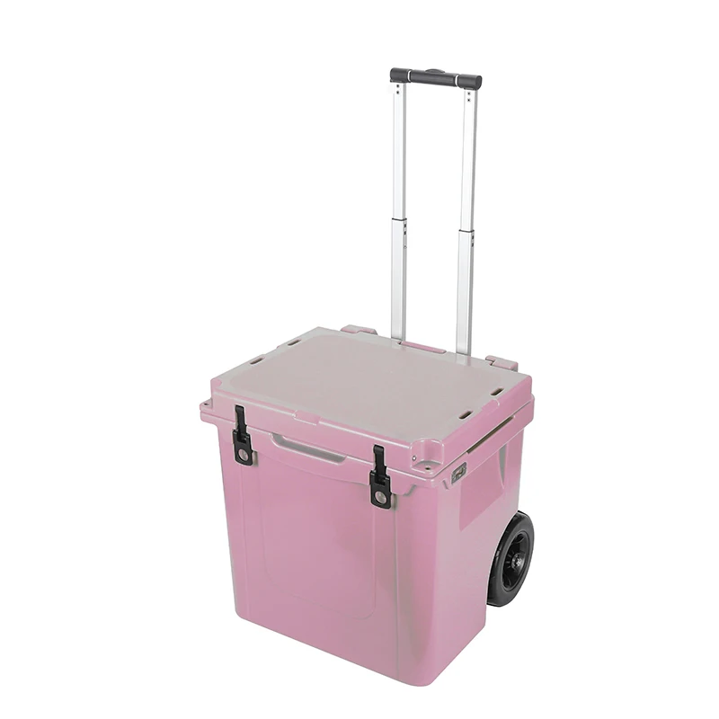 Wholesale high quality wheeled rotomolded hard cooler box customized plastic beach cooler