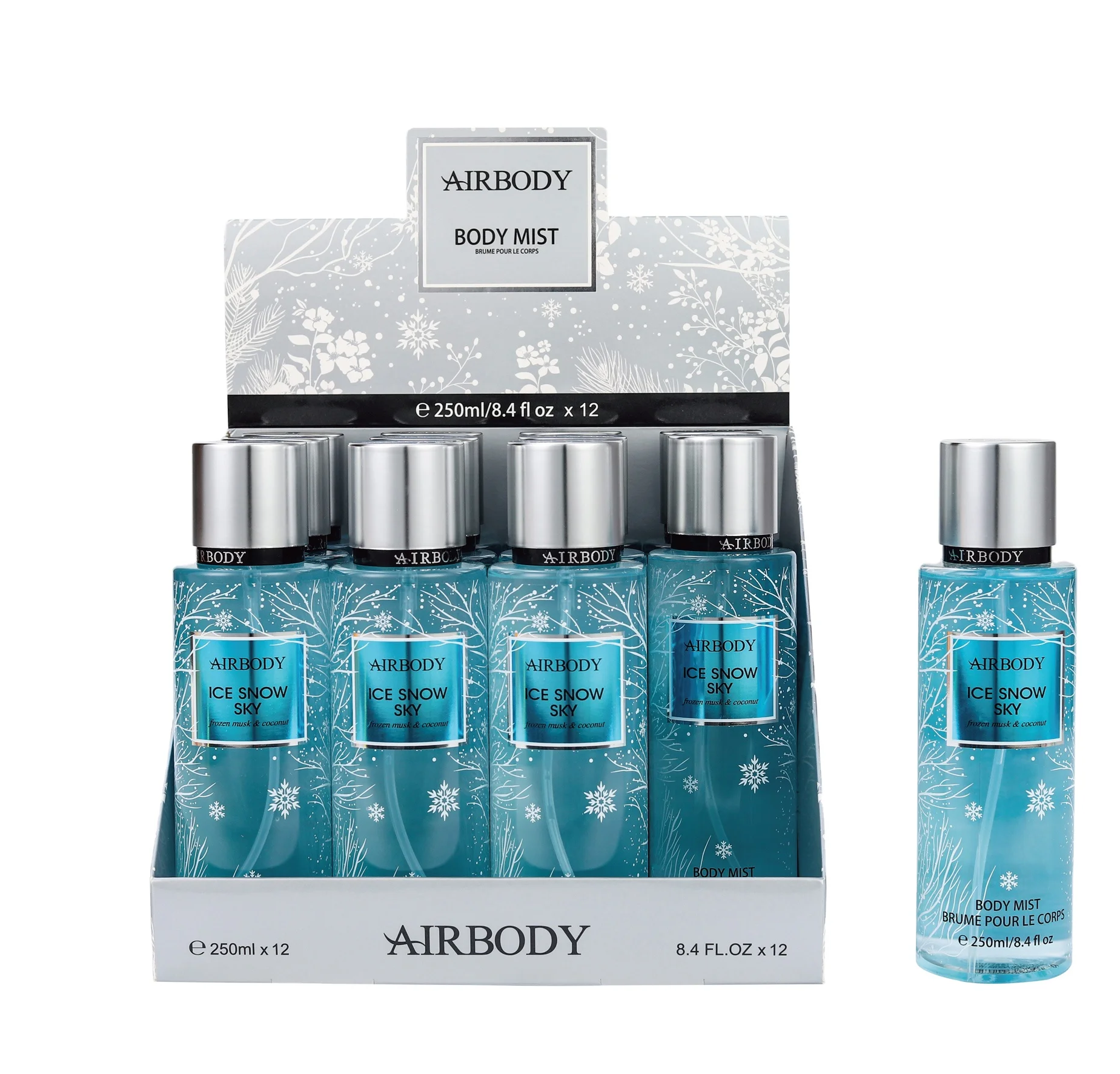 AB5006 250ML AIRBODY-ICE SNOW SKY be myself Body Mist  fragrance parfums spray for women  with display tray.