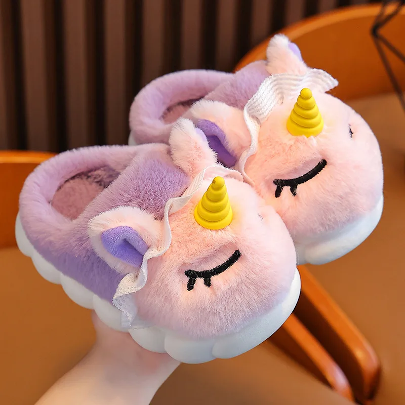 Top sale guaranteed quality novelty 3d character plush unicorn animal slippers for kids
