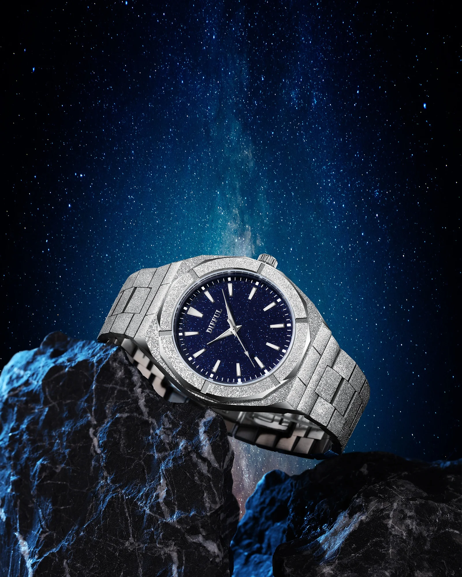 5ATM waterproof Luxury stainless steel Blue start dust dial Men frosted watch