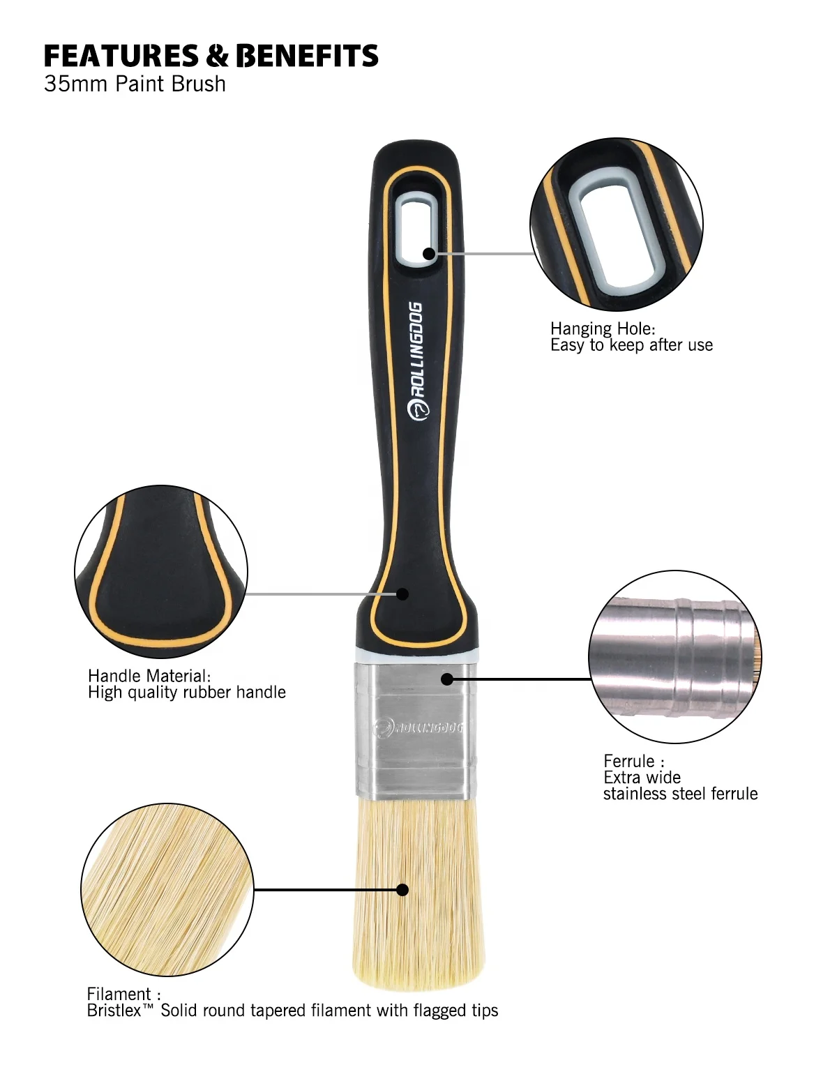 ROLLINGDOG DUAL-PRO 10453 Flat Flagged Tips 45mm  Lower Viscosity Stain Bristlex SRT Filament Wall House Fence Paint Brush