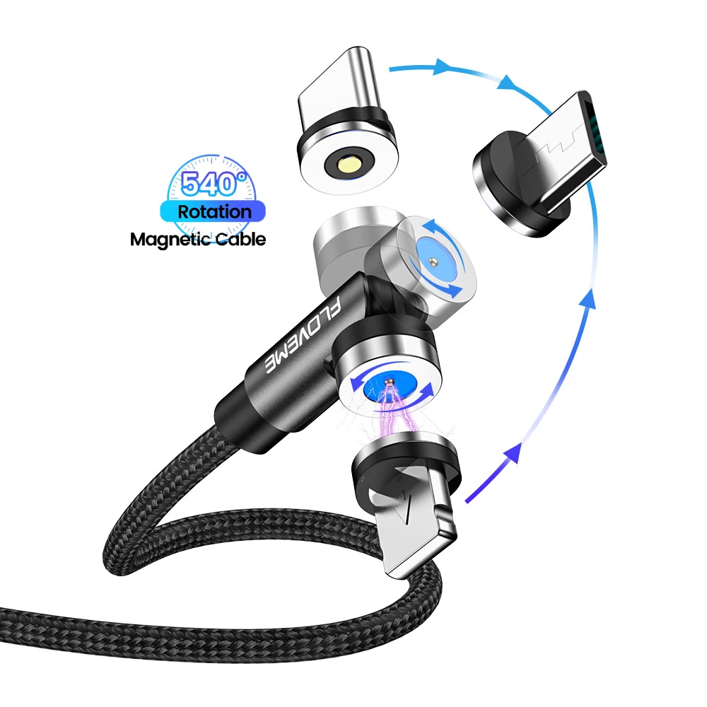 Торговый челнока 3in1 кабель FLOVEME 540 градусов Магнитный 3 в 1 светодиодный зарядный Usb Type c для передачи