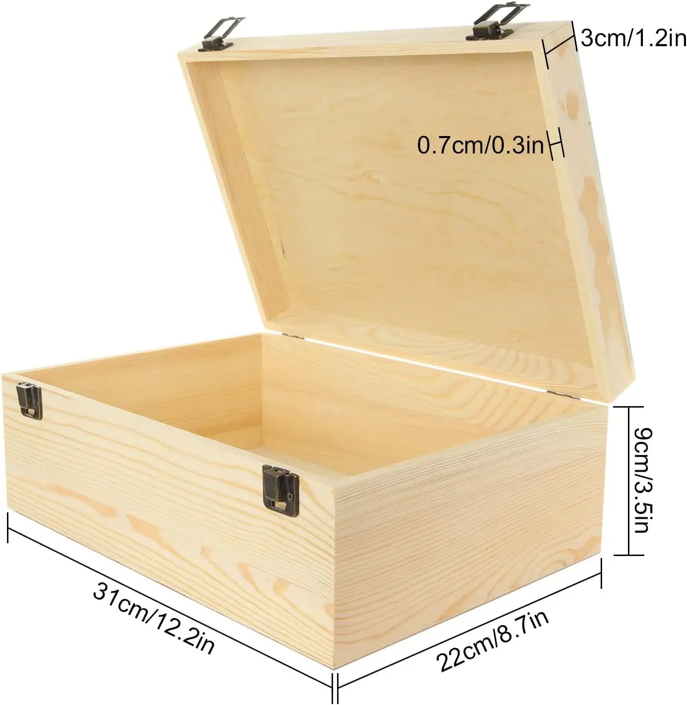 Unfinished Wooden Box With Hinged Lid and Front Clasp Pine Wood Box DIY Craft Stash Boxes for Arts Hobbies and Home Storage