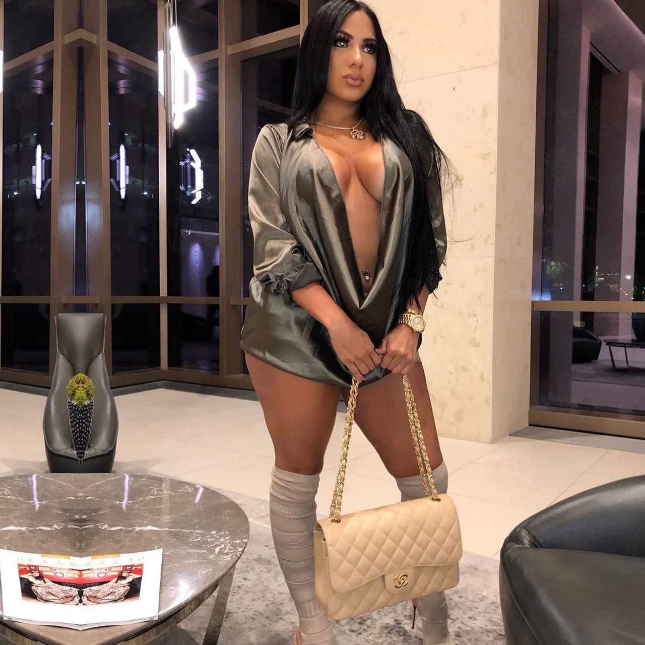 Fashion Sexy V-neck Polo Collar Tops and Silk Dress for Women Casual Dresses Mini Club Dress Sheath Plain Dyed Simple Spring