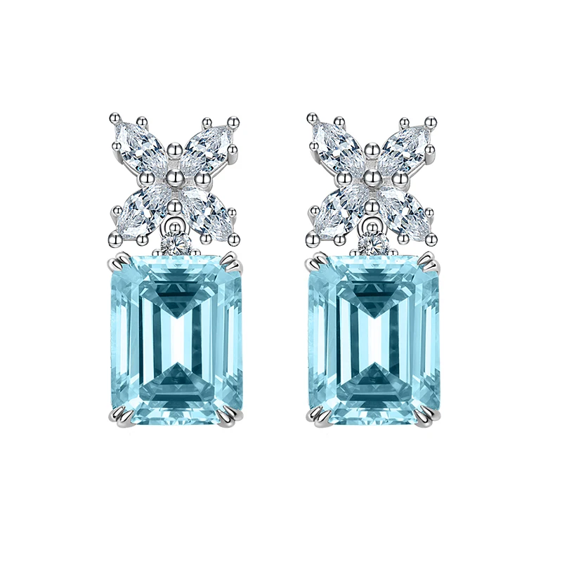 WALSTER 100% 925 Sterling Sliver 7*11mm Aquamarine High Carbon Diamond Flower Stud Earrings for Women Fine Jewelry Wedding  gift