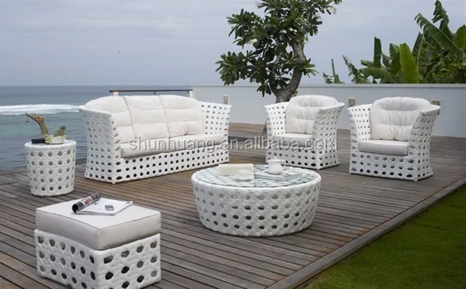 Popular design white rattan sofa hot sale PE rattan garden sofa sets poolside furniture