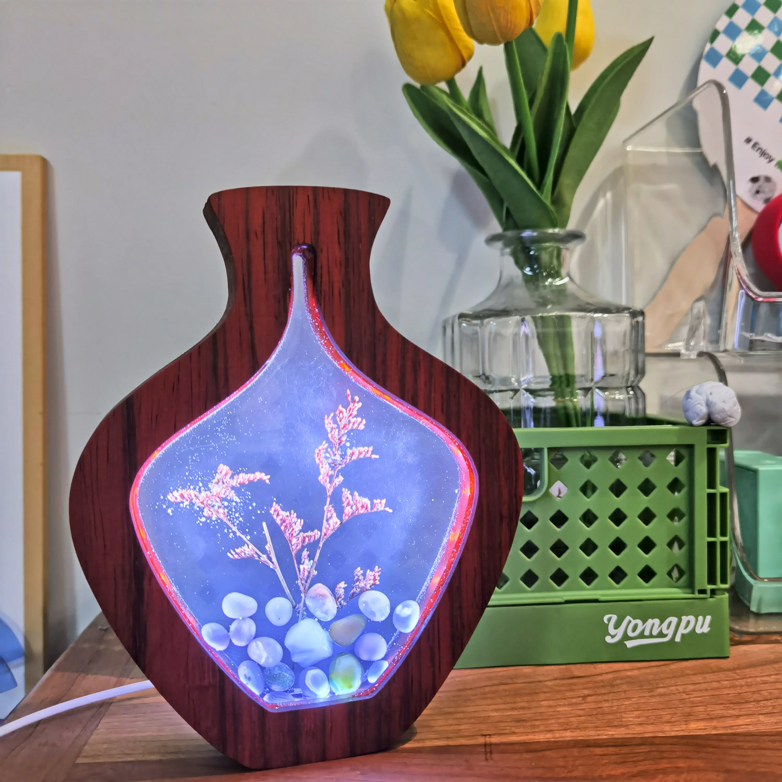 Handmade Dried Flower Resin Night Light Decorative Wood Resin Lamp With Dimmer Switch Modern Decorative Lamp For Home Office