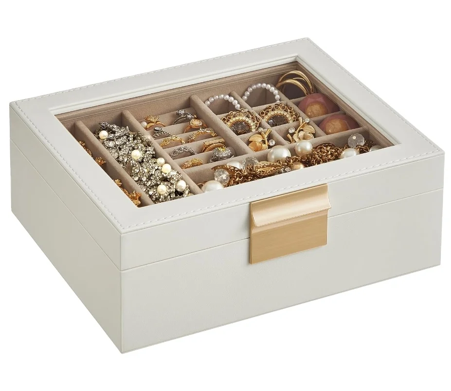 2-Layer Jewelry Organizer with Removable Tray, Jewelry Storage, Modern Style, Cloud White and Metallic Gold
