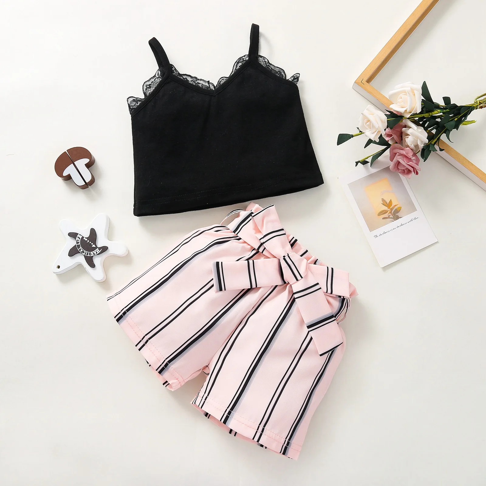 Korean style baby girls clothing sets summer lace suspender top+shorts two piece boutique girls clothes in stock