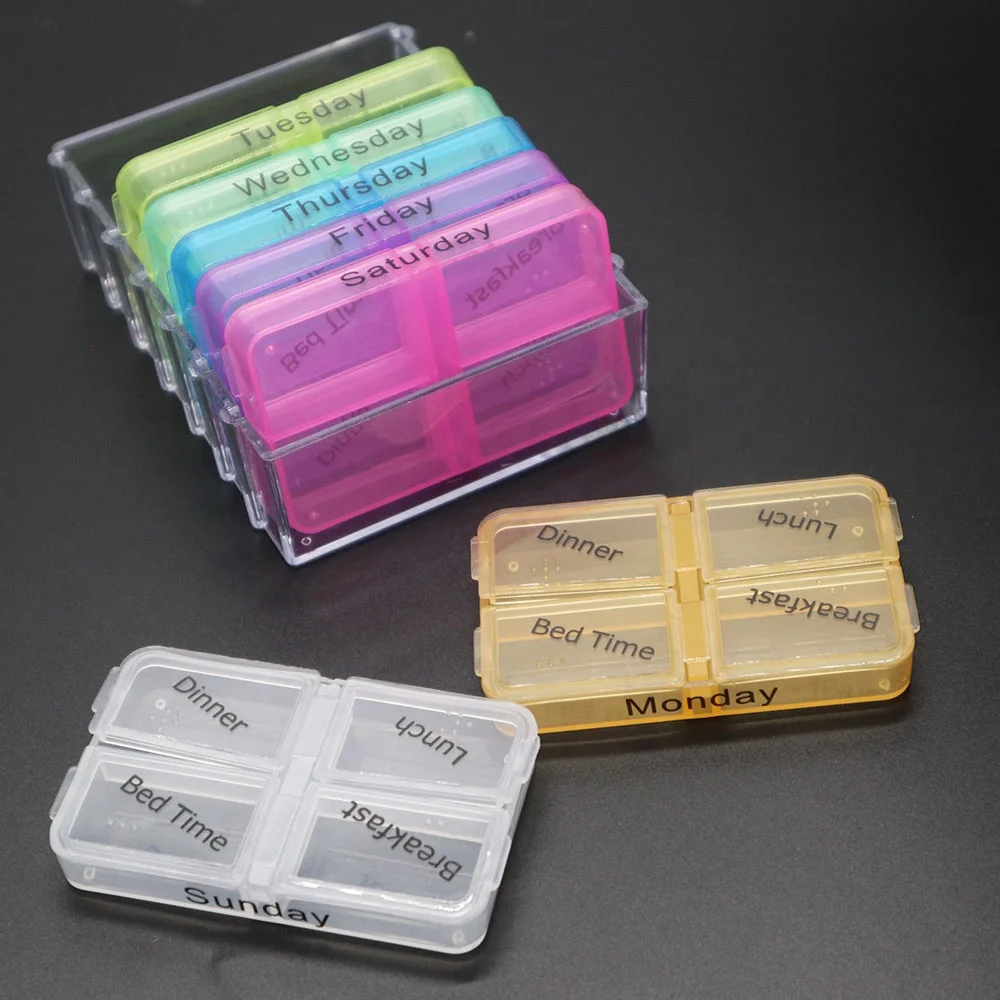 Custom Branded Plastic Rainbow Colorful Weekly Pill Box 4 Times a Day 7 Day Weekly Compact Prescription Vitamin Organizer