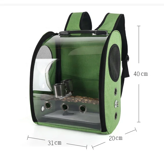 Bird Parrot Backpack Carrier Travel Bag with Perch Stand and Trough Double Shoulder Transparent Breathable Porous Bird Cage