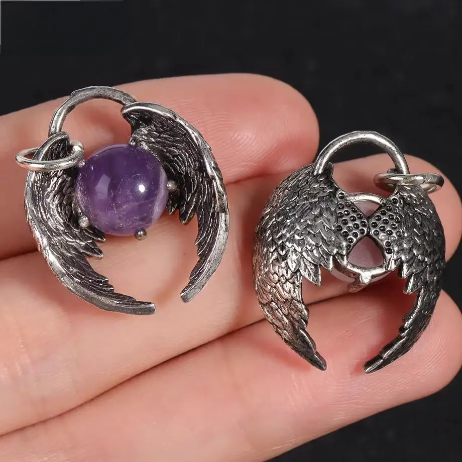 26mm Natural Gemstone Cabochon Bead Silver Metal Angel Fly Wings Pendant Stainless Steel Chain Necklace Women Crystal Jewelry