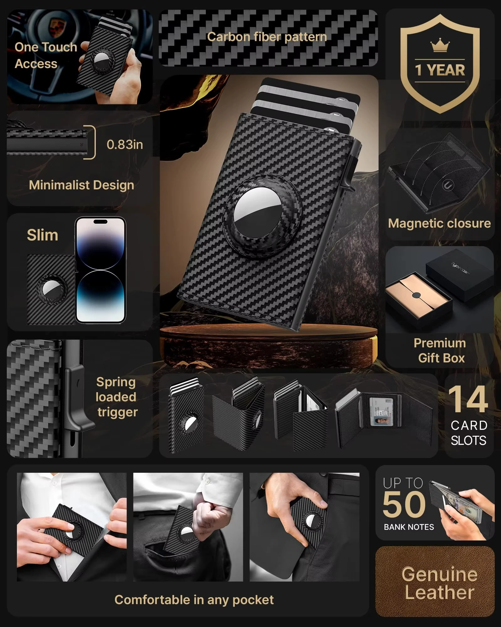 Custom Logo RFID Blocking Pop Up Credit Card Holder Wallet Slim Carbon Fiber PU Leather Metal Aluminum Mans Tri-fold Wallet