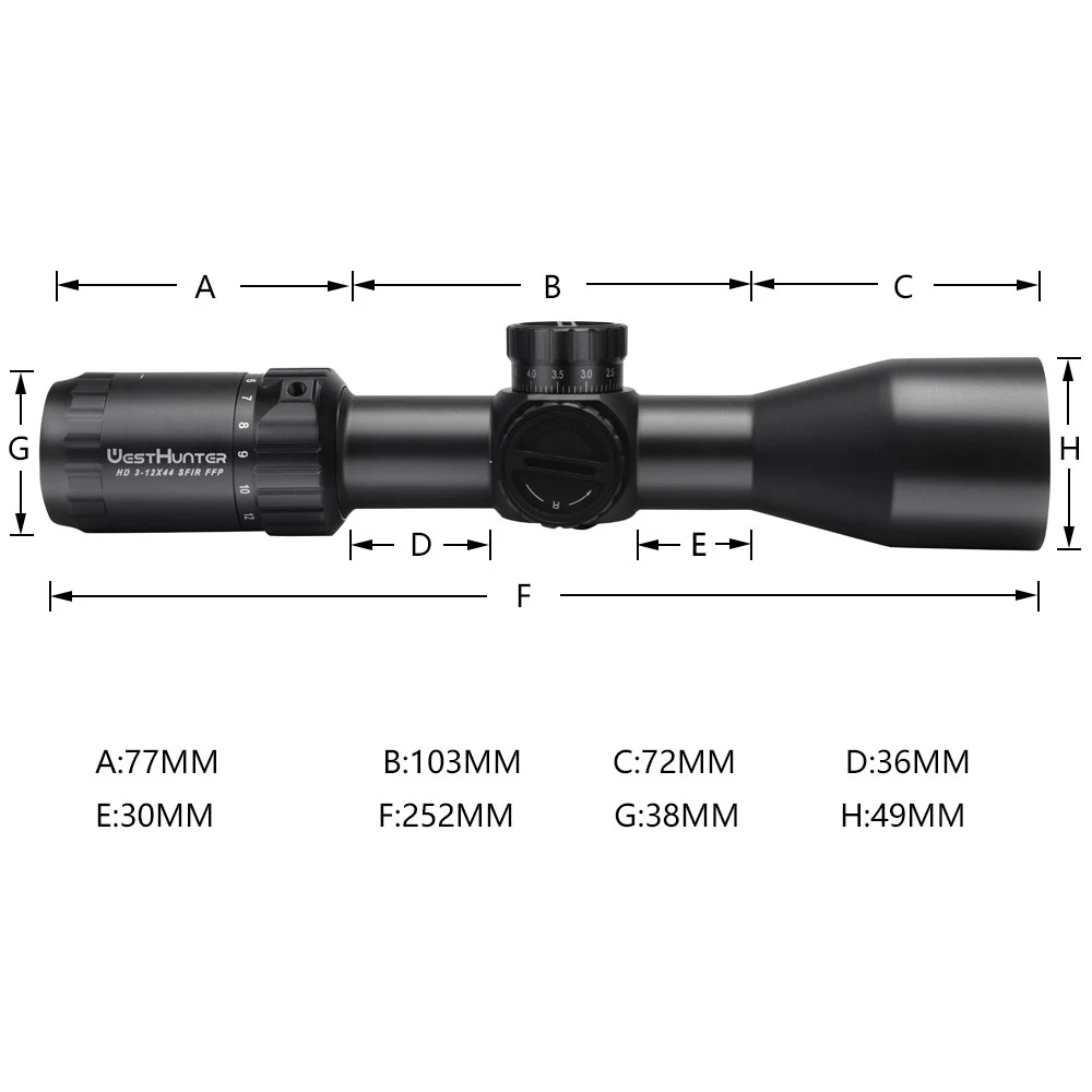 WESTHUNTER HD 3-12X44 SFIR FFP Hunting Compact Scopes Side Focus Ethced Glass Illuminated Optical Sights First Focal Plane