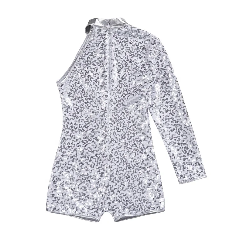 Shiny Sequin Jazz Dance Costumes Hip Hop Dance Dress Leotards Professional Single Long Sleeve for Kids Sets Performance 4 Colors