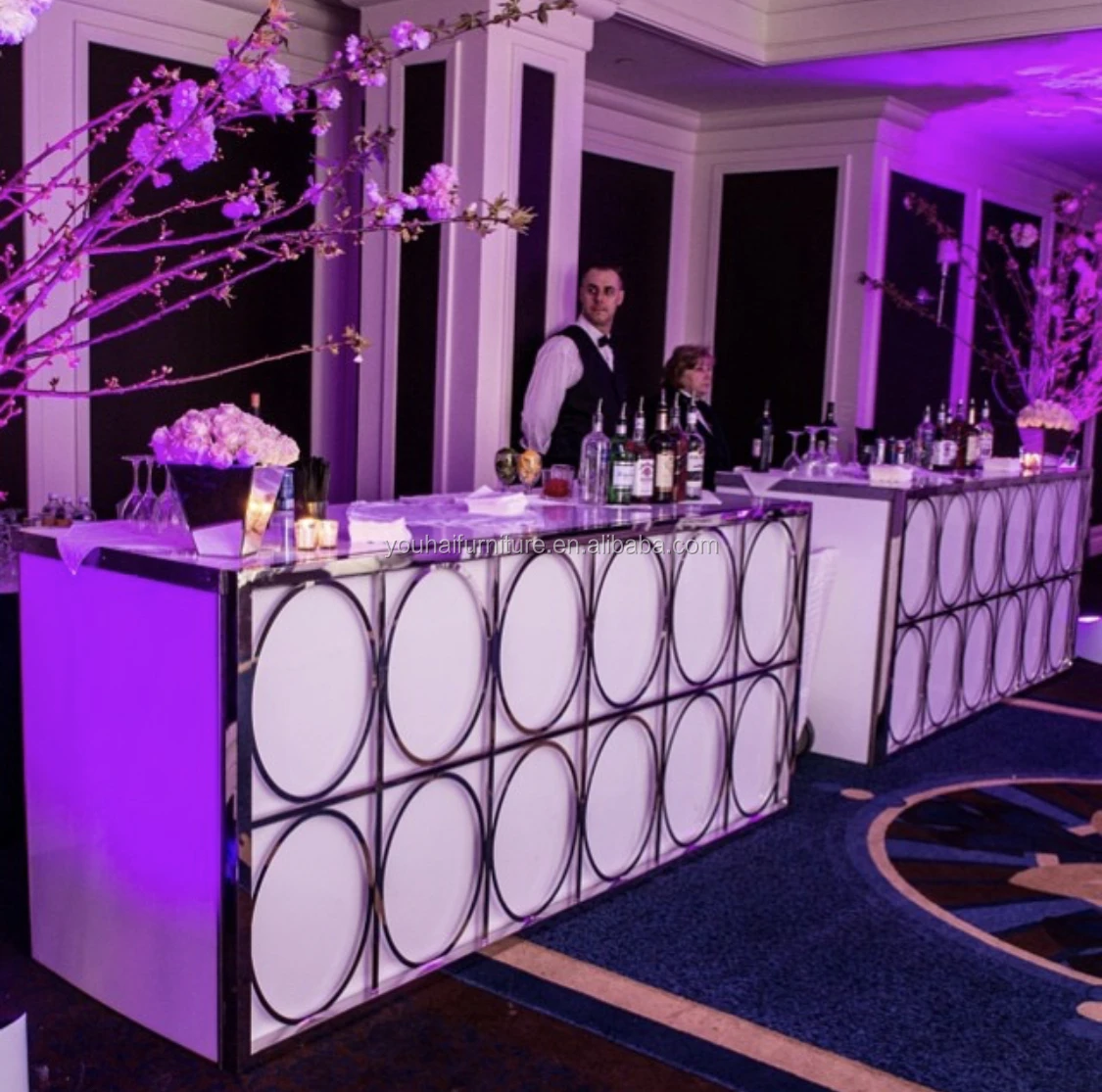 Wedding furniture stainless steel frame glass top led bar counter for sale
