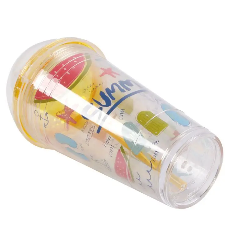 Wholesale Promotional 400ml Fruit Print Double-wall Dome Top Drinking Plastic Water Bottle with Lid and Straw