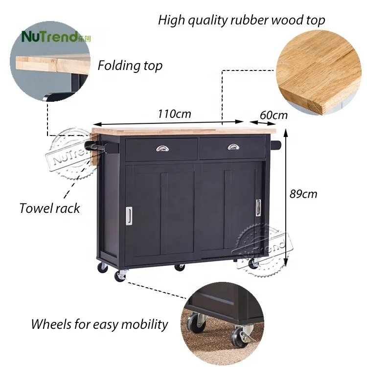 Black Wood Extendable Top Rolling Storage Trolley Cabinet on Wheels Movable Kitchen Table Islands Cart
