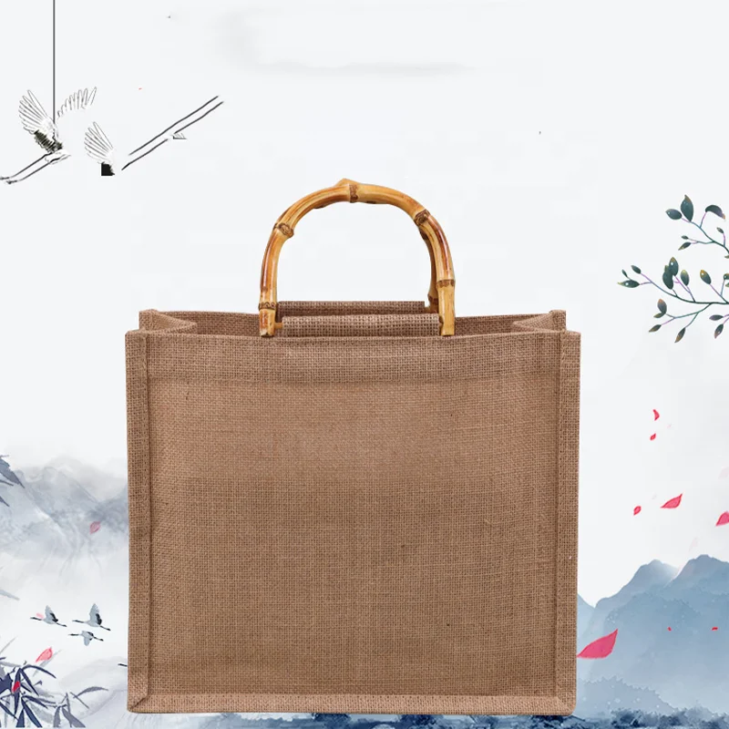 Custom Logo Eco Reusable Jute Handle Bag Shopping Burlap Bag Jute Tote Bag Bamboo Handle