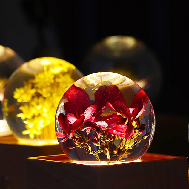 Romantic Preserved Roses Flower Music Box Crystal Ball Wood Base Projection LED Light Rotating Musical Box for girlfriend gift