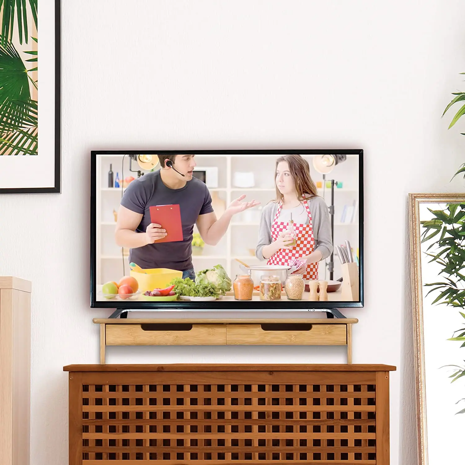 Bamboo Extra Long TV/Monitor Stand and Riser with 2 Pull Out Drawers for Living Room