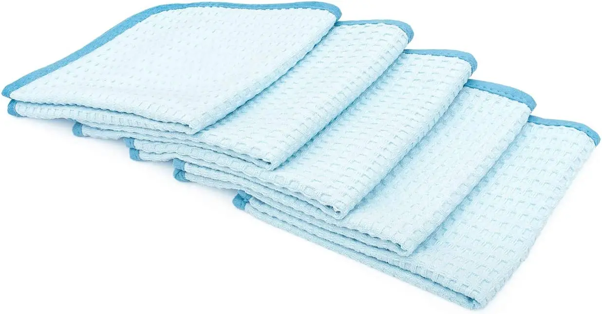 Hot selling 70/30 blend, microfiber Waffle weave, dry and delicate towel, soft suede edge light blue