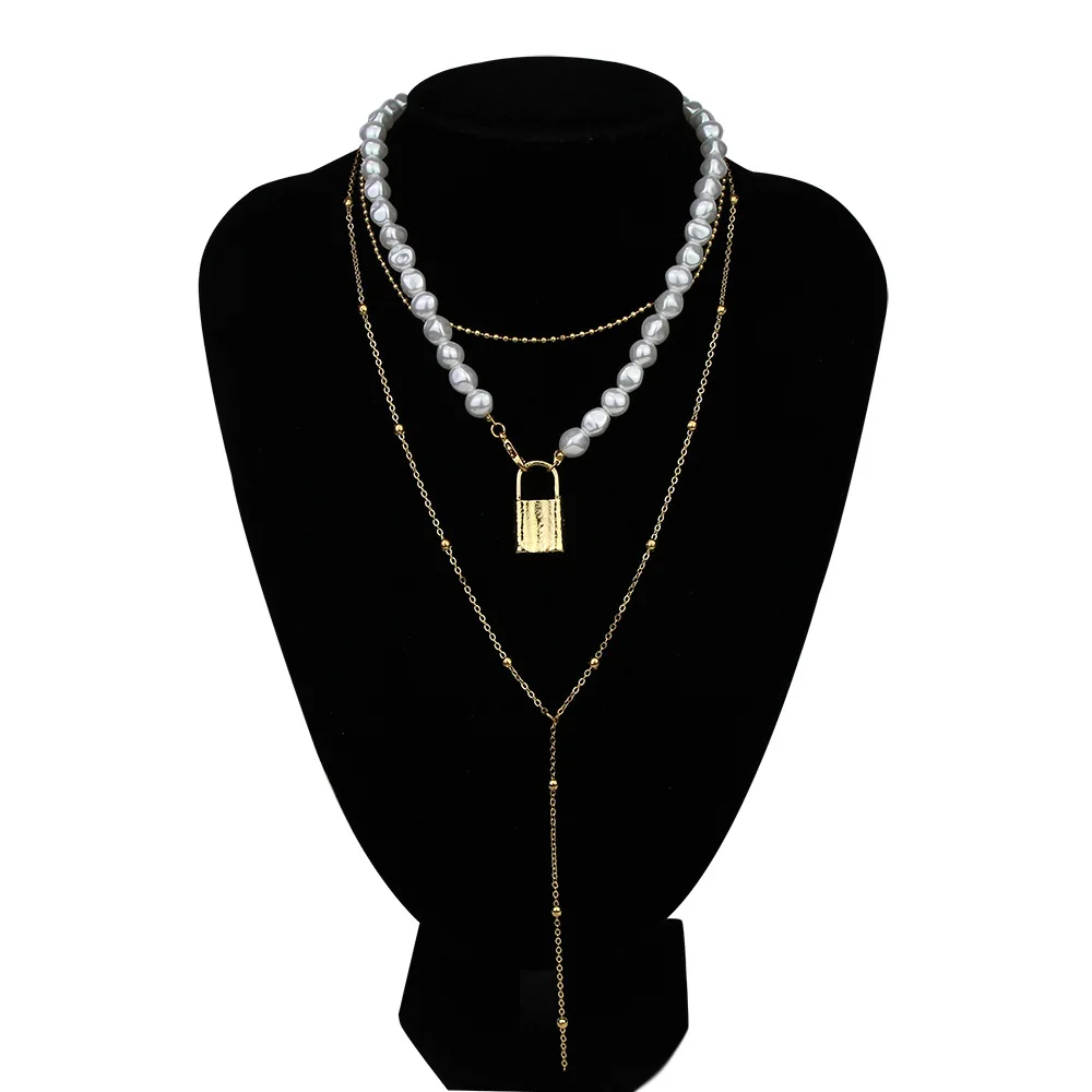 Double Layers Delicate Metal Gold Plated Chain And Pearl Lock Pendant Necklace