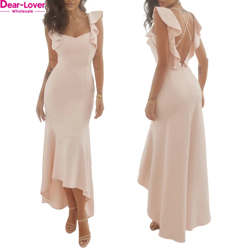 Dear-Lover Private Label Ladies Crossed Straps Open Back Ruffle Trim Women Party Dress