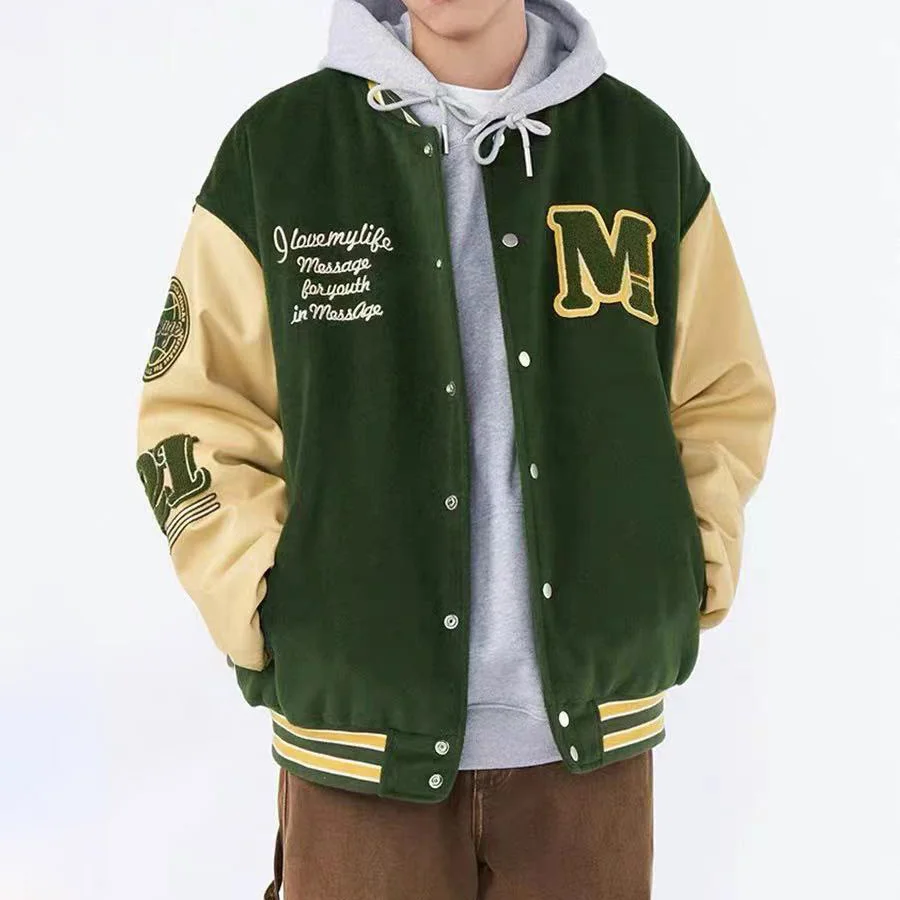 OEM custom winter hooded coat industries flocking bear embroidery crewneck loose varsity jacket for men