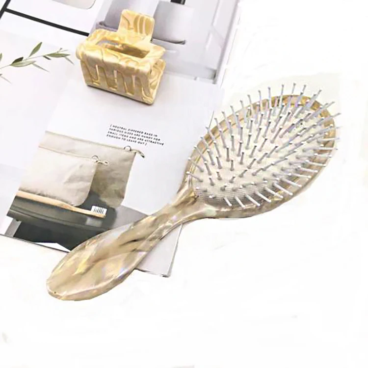 Custom Marble Curly Detangling Hair Brush Large Celluloid Acetate Handle Scalp Massager Air Cushion Tortoiseshell Hair Brush