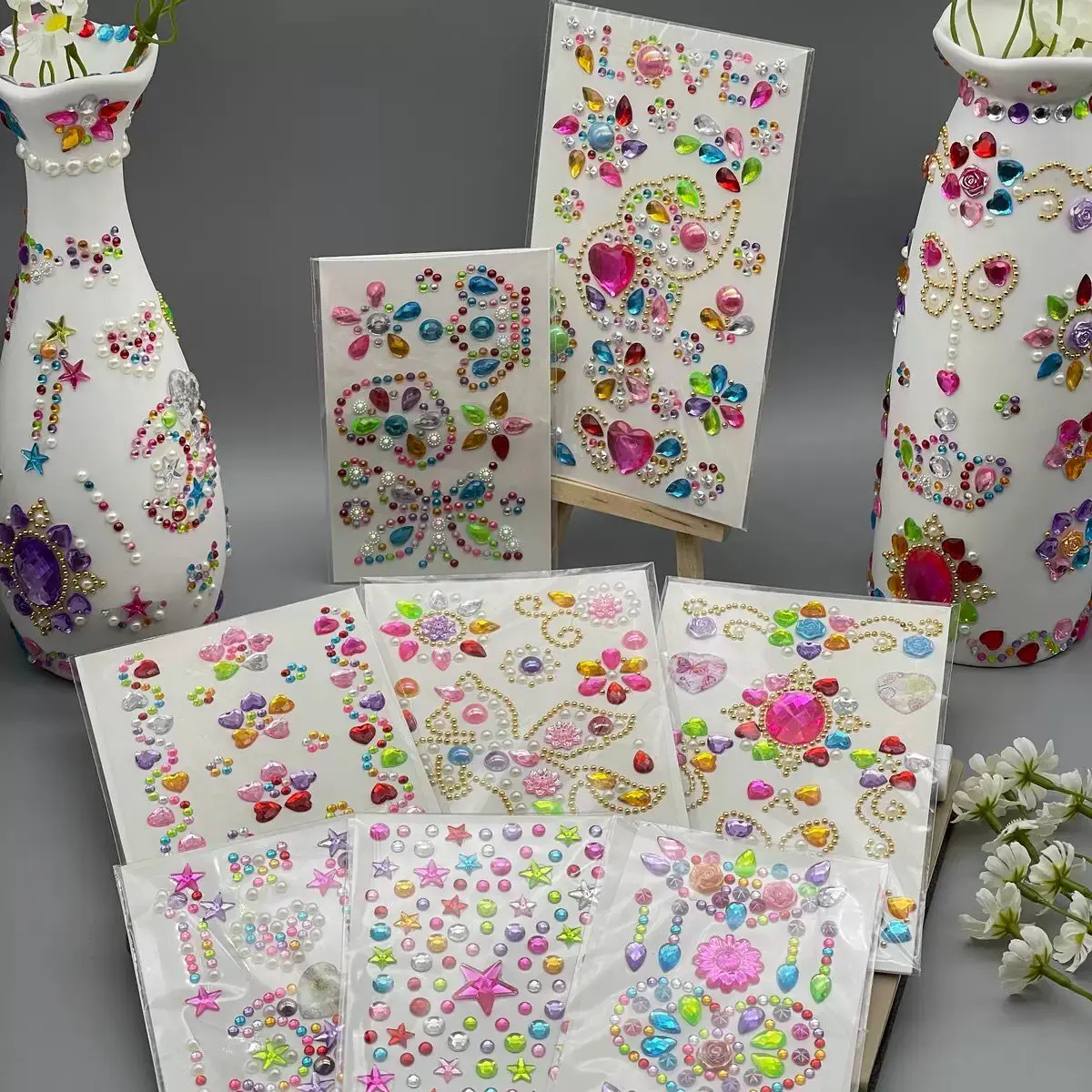 8Sheets/Set 3D Diamond Sticker Acrylic Crystal Butterfly Love Crown Flowers DIY Sparkly Rhinestone Crafts Paste Decoration
