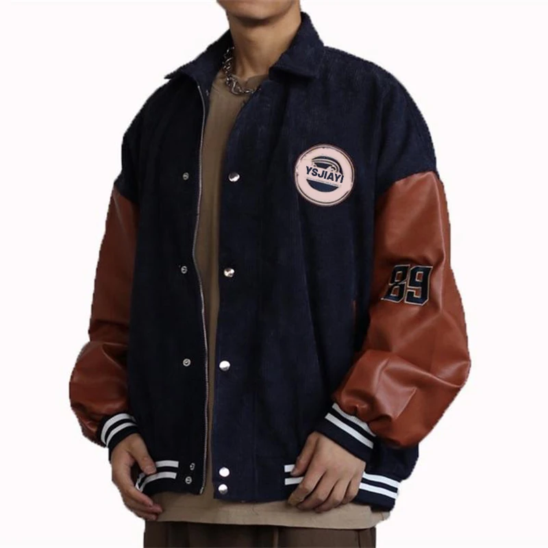 OEM custom winter unisex PU leather sleeve stitching corduroy vintage style oversize varsities jacket for men
