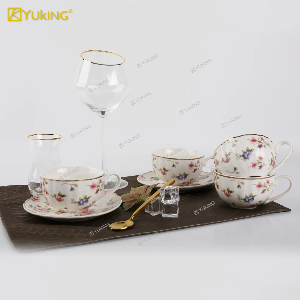 Hot sale 220ml bone china cup and saucer ceramic coffee cup for flower designs and golden lines factory direct high quality